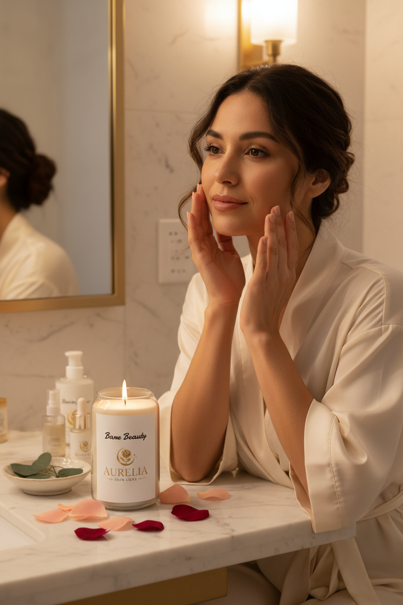 Latina woman at vanity with Aurelia Skin Luxe Bare Beauty large soy candle glowing