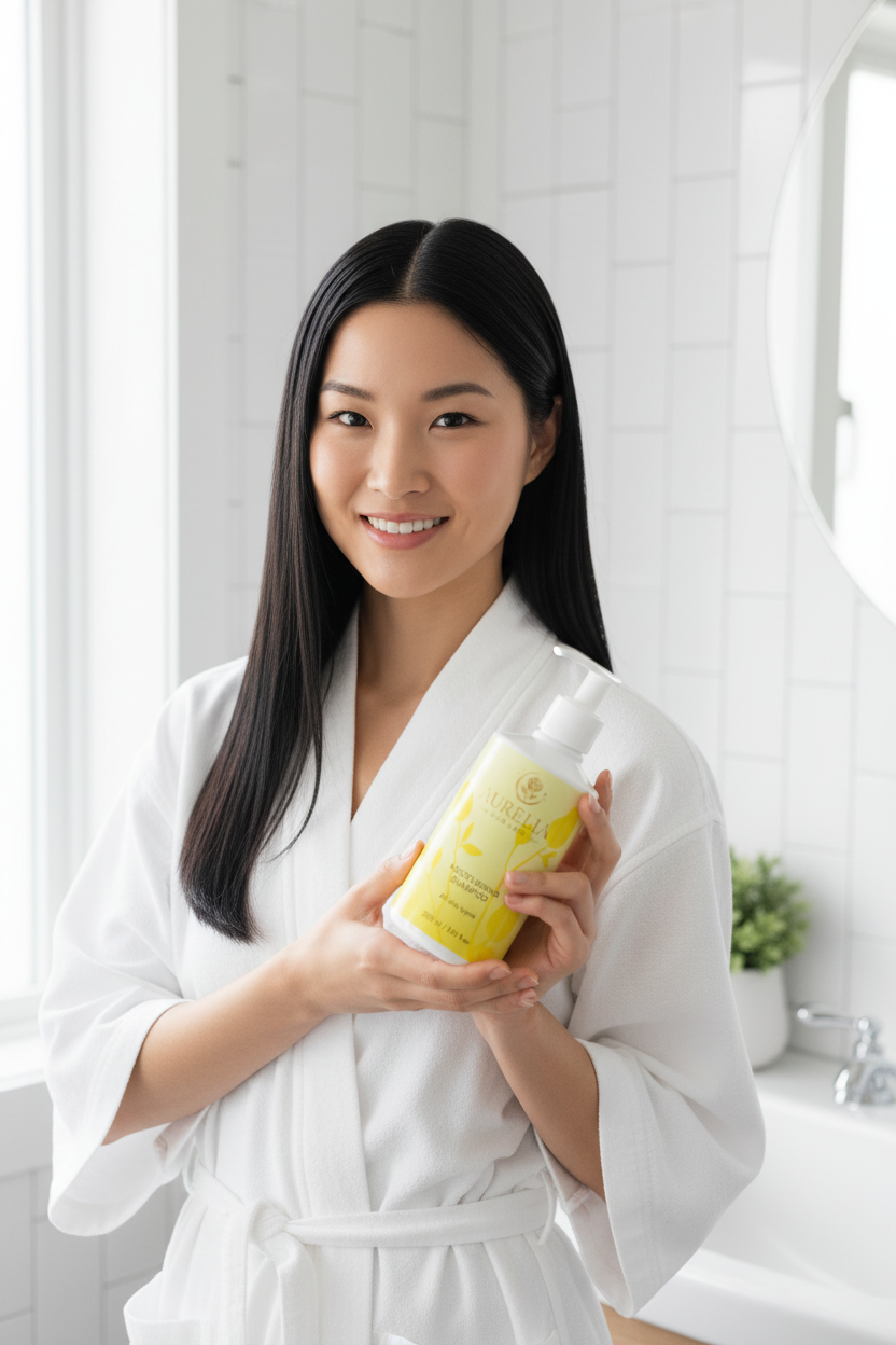 East Asian woman holding Aurelia Skin Luxe Moisturising Shampoo