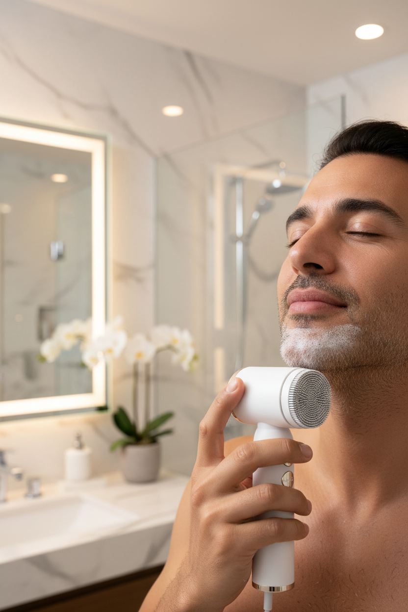Middle Eastern man using white facial cleansing brush on jaw area