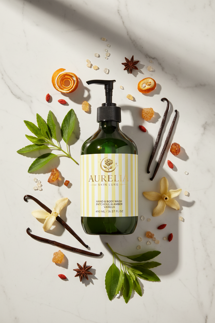 Aurelia Skin Luxe Hand & Body Wash bottle surrounded by patchouli, vanilla pods and amber ingredients