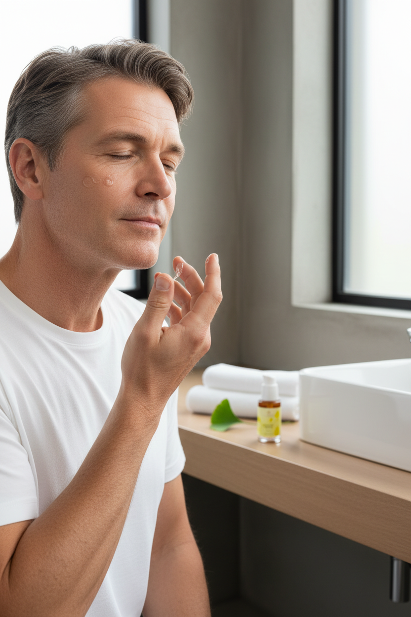 White man applying Aurelia Skin Luxe Ginkgo Gel Booster to face