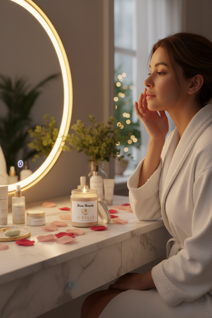 Latina woman at vanity with Aurelia Skin Luxe Bare Beauty soy candle glowing