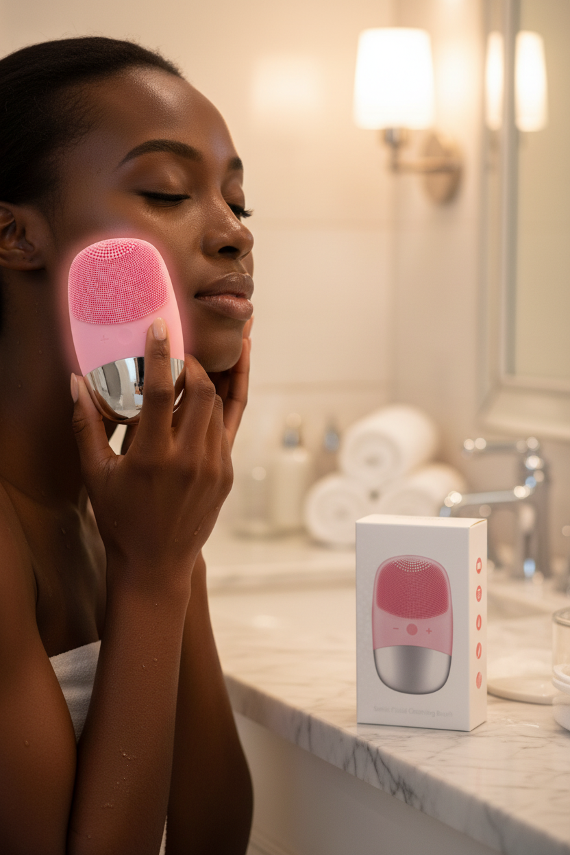 Black woman using pink sonic facial cleansing brush on cheek