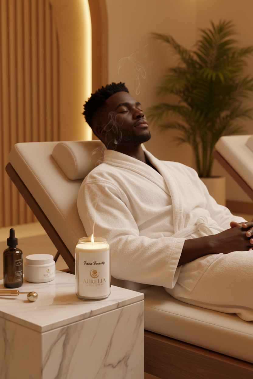 Black man in robe with Aurelia Skin Luxe Bare Beauty large soy candle in spa lounge