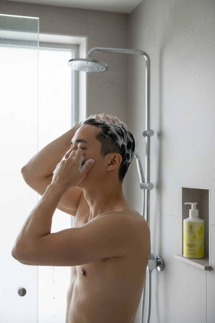East Asian man lathering Aurelia Skin Luxe Sensitive Scalp Shampoo into hair
