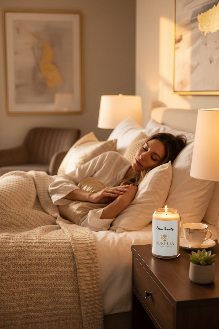 White woman relaxing with Aurelia Skin Luxe Bare Beauty large soy candle in elegant bedroom