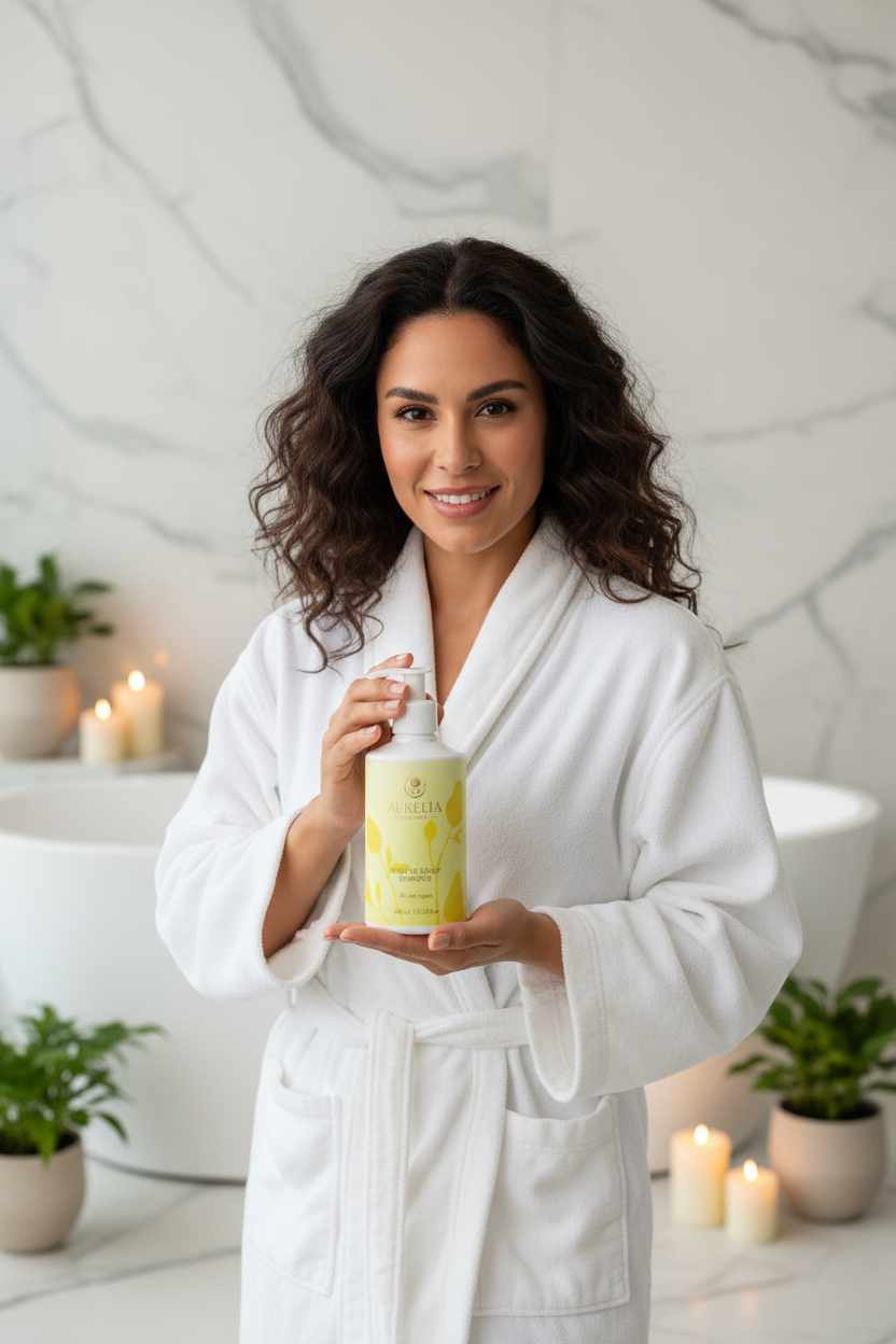 Latina woman holding Aurelia Skin Luxe Sensitive Scalp Shampoo bottle