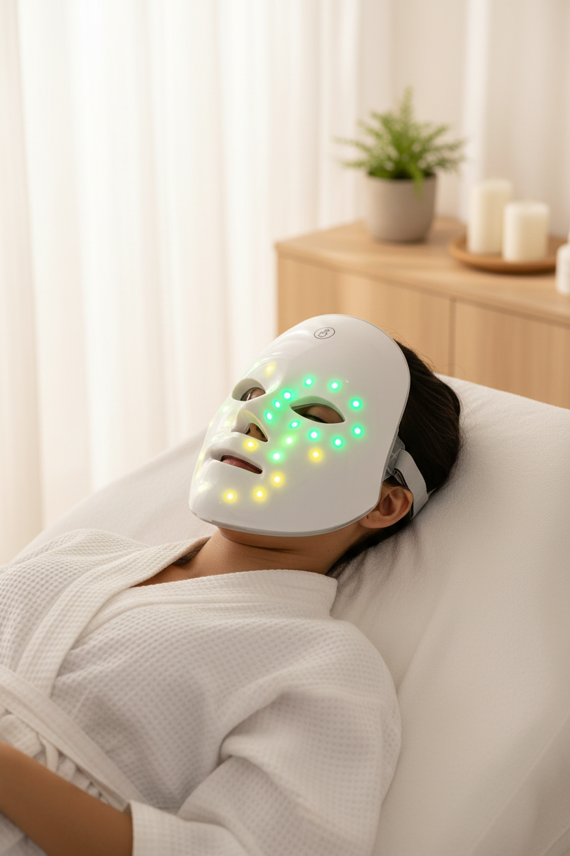 South Asian woman wearing LED facial mask with green and yellow lights in spa