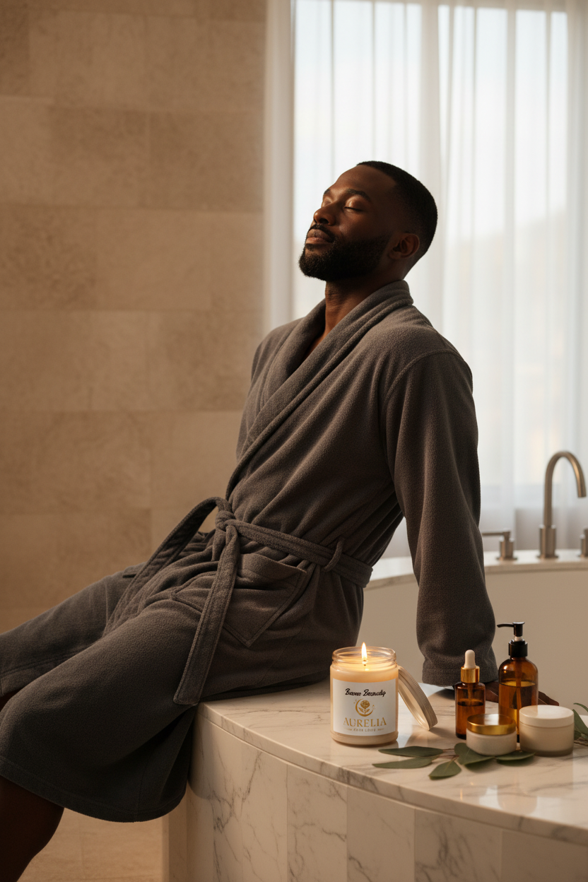 Black man in robe with Aurelia Skin Luxe Bare Beauty soy candle in spa lounge
