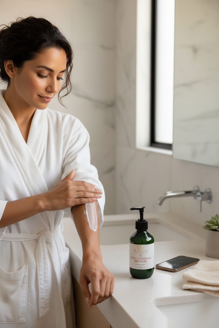 Middle Eastern woman applying Aurelia Skin Luxe Body Cream to arms