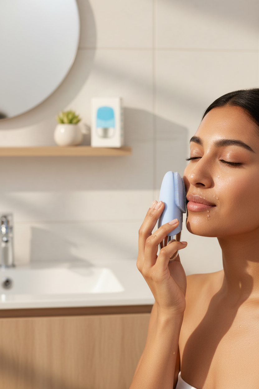 South Asian woman using blue sonic facial cleansing brush on T-zone