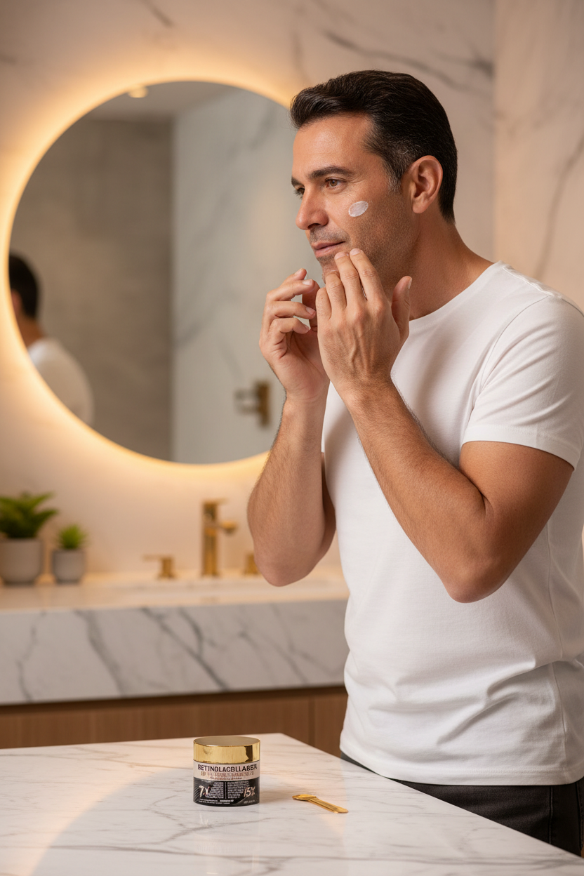 Middle Eastern man applying HISENRAIN Retinol Collagen Face Cream to cheeks