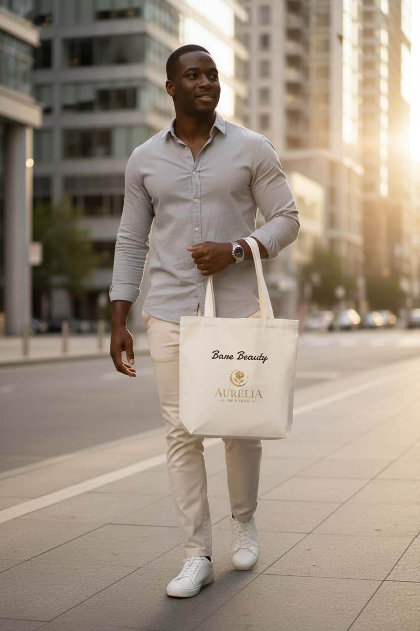 Black man carrying Aurelia Skin Luxe Bare Beauty cream cotton tote on city street at golden hour