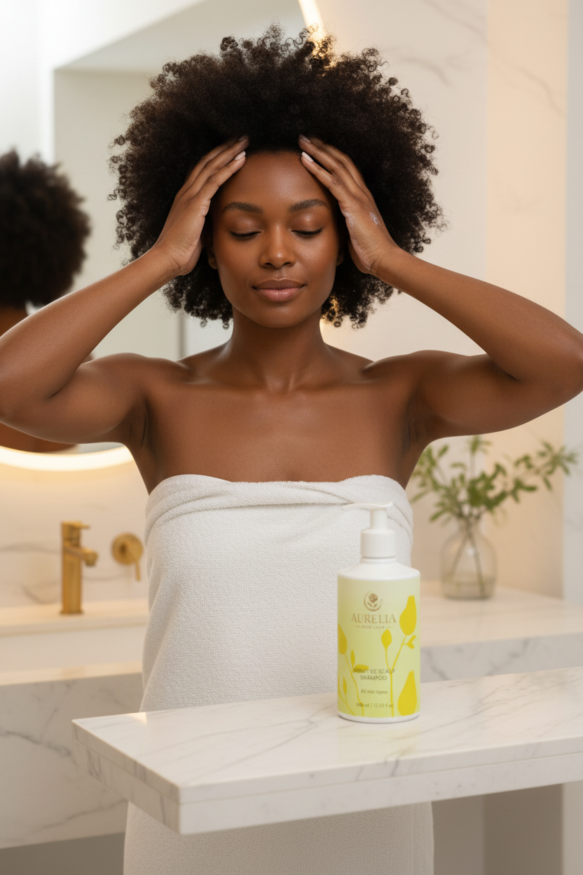 Black woman massaging Aurelia Skin Luxe Sensitive Scalp Shampoo into scalp