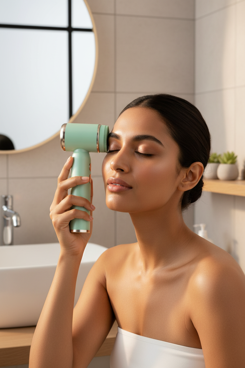 South Asian woman using light green facial cleansing brush on forehead