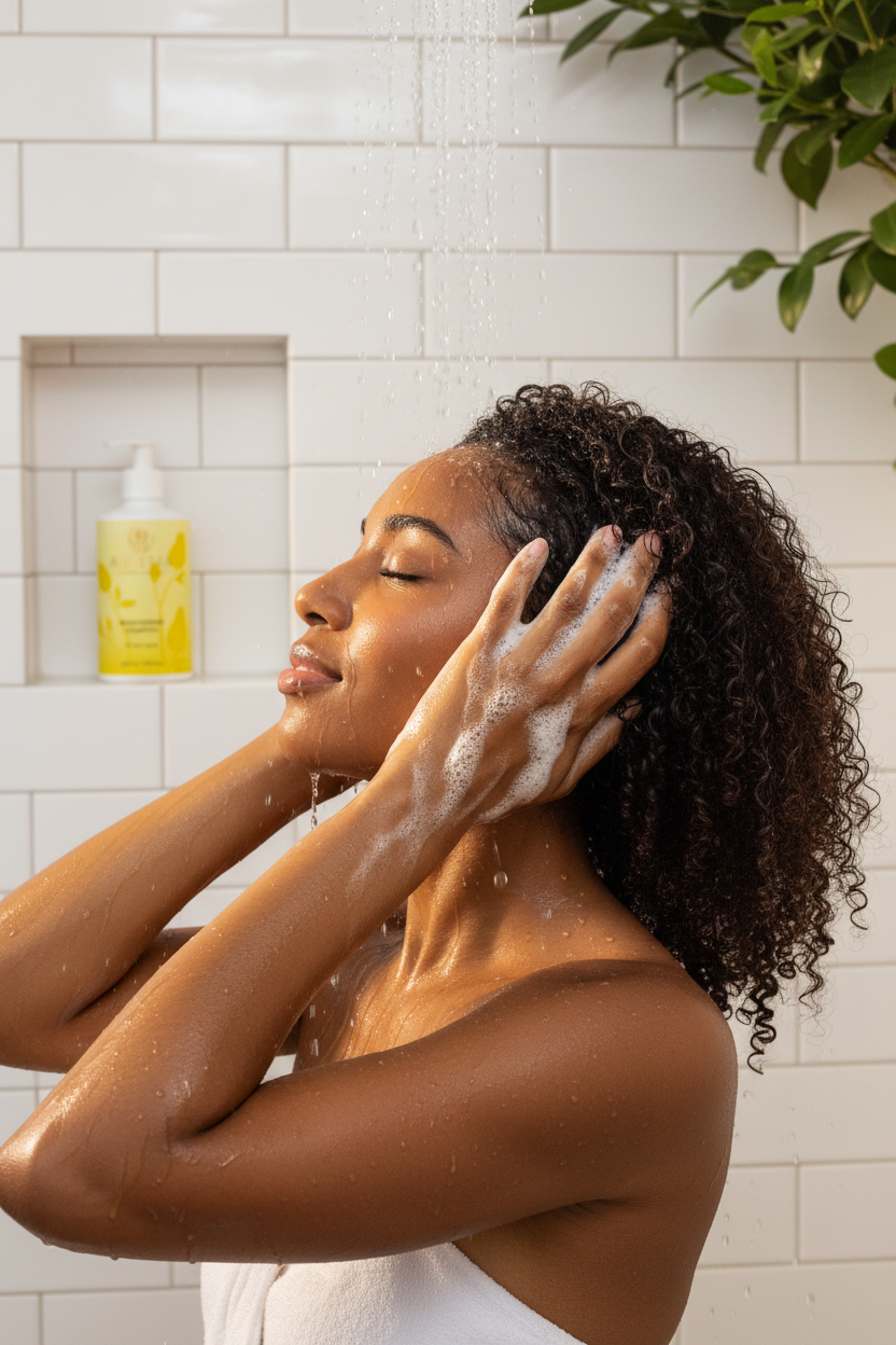 Black woman with natural curly hair using Aurelia Skin Luxe Moisturising Shampoo