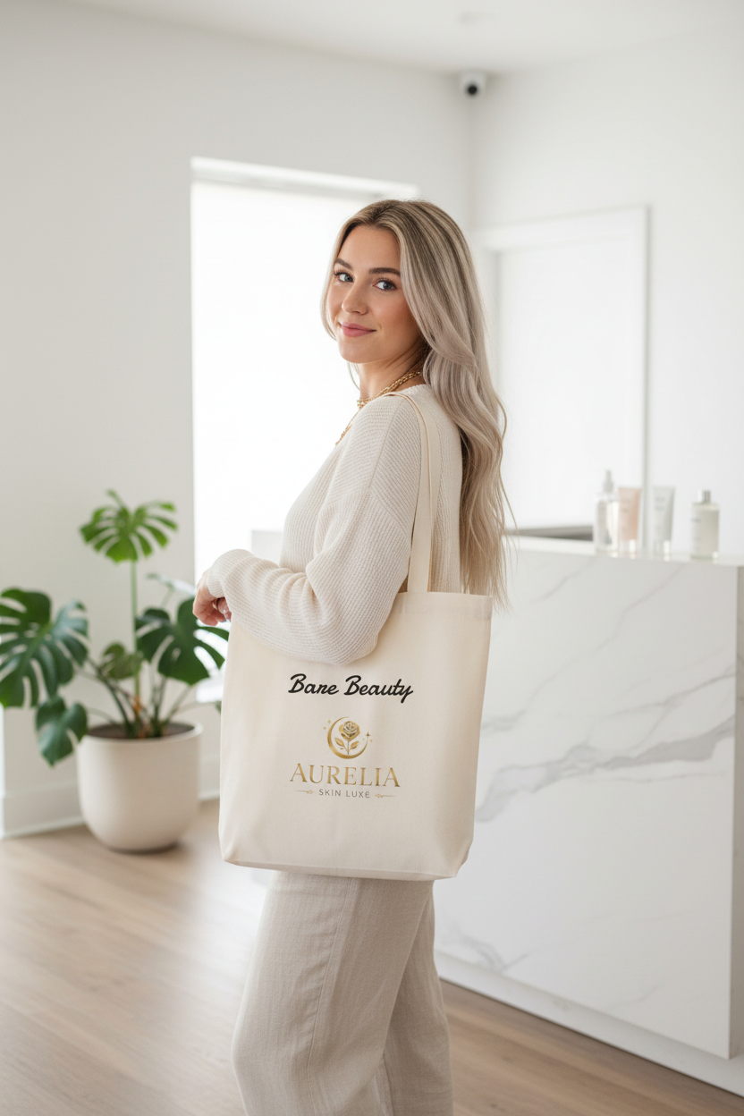 White woman carrying Aurelia Skin Luxe Bare Beauty cream cotton tote at spa studio