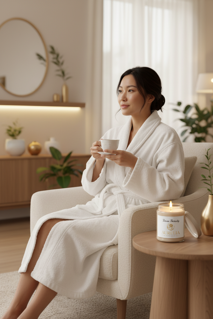 Asian woman in robe with Aurelia Skin Luxe Bare Beauty soy candle in spa living room