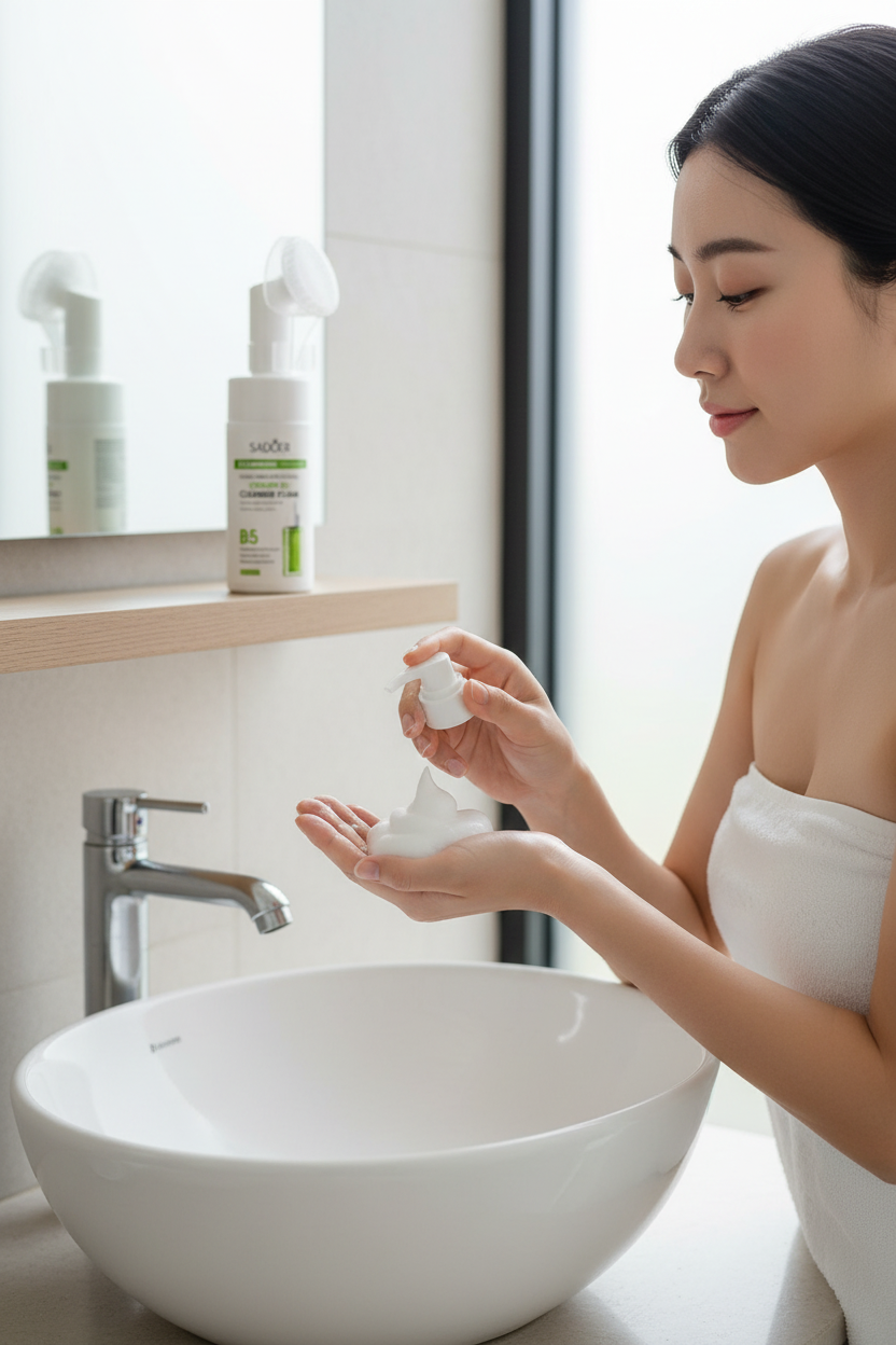 East Asian woman pumping SADOER Vitamin B5 Facial Cleanser foam into hand