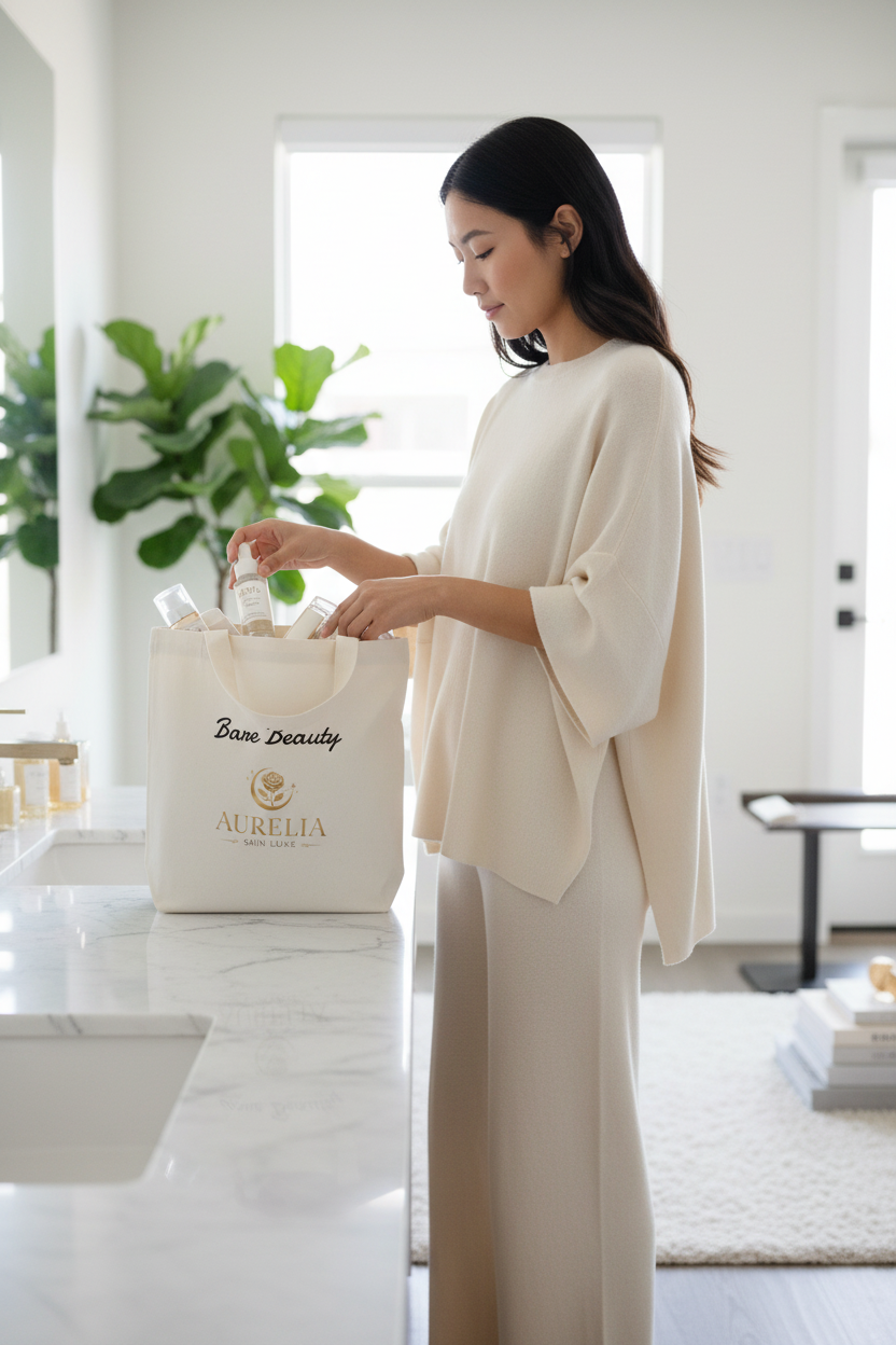Asian woman packing Aurelia Skin Luxe Bare Beauty cream cotton tote in minimalist apartment