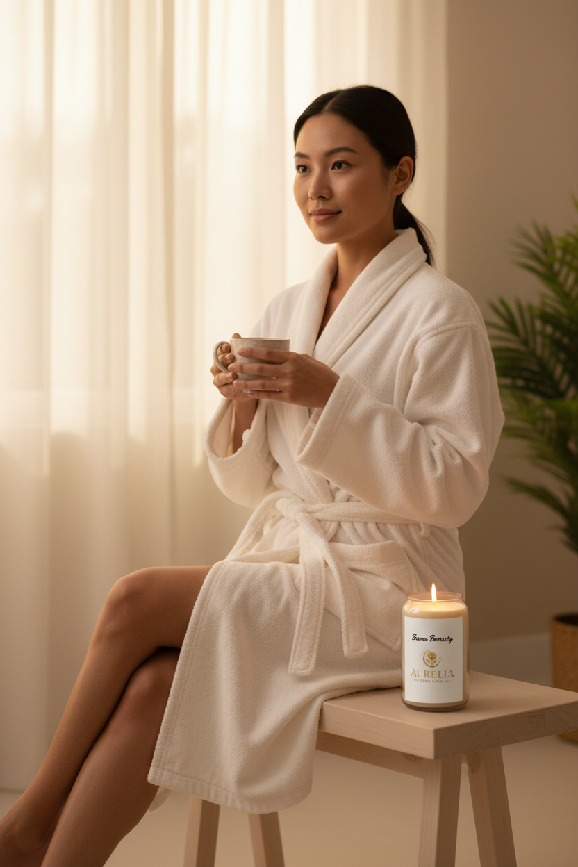 Asian woman in robe with Aurelia Skin Luxe Bare Beauty large soy candle on wooden stool