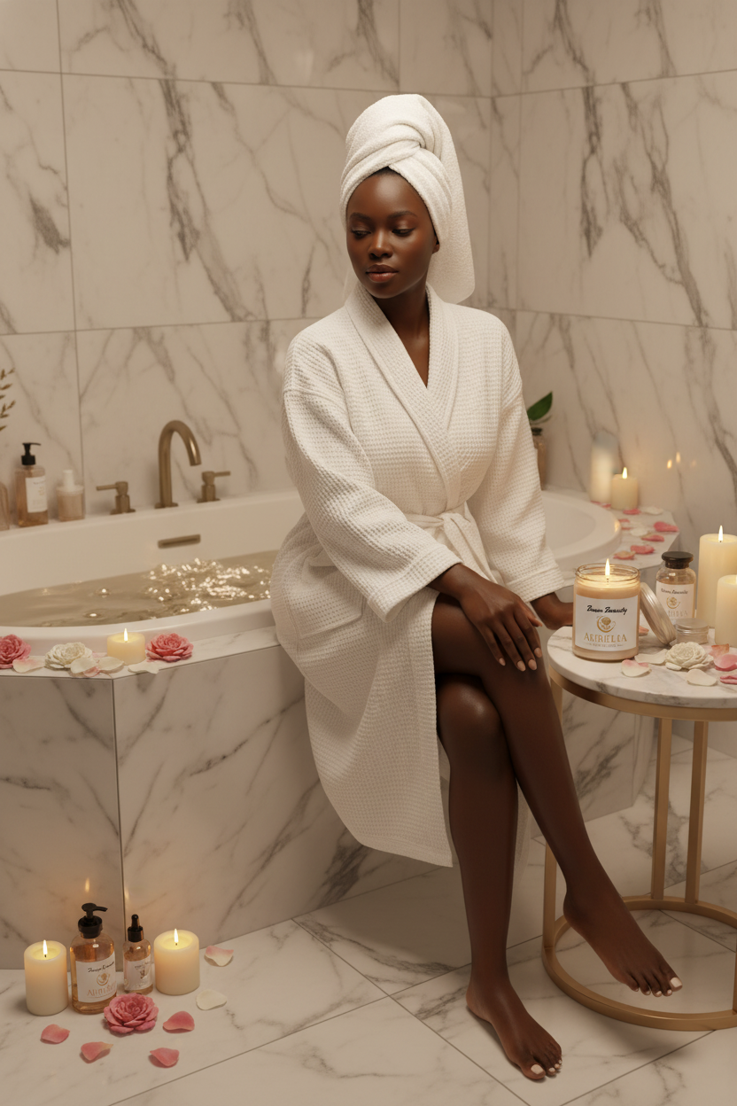 Black woman with Aurelia Skin Luxe Bare Beauty soy candle in marble bathroom