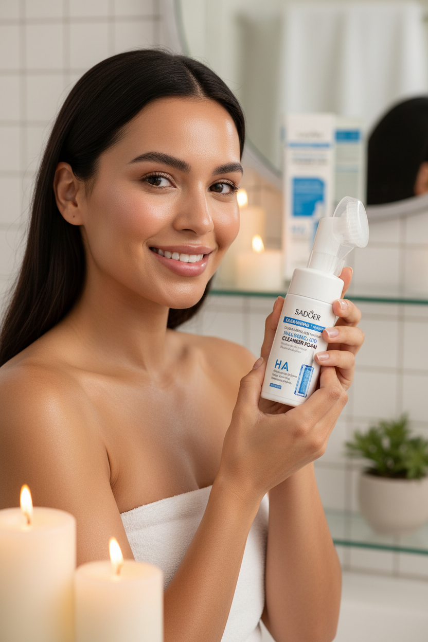 Latina woman holding SADOER Hyaluronic Acid Facial Cleanser bottle