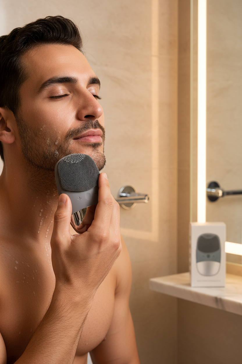 Middle Eastern man using grey sonic facial cleansing brush on jaw