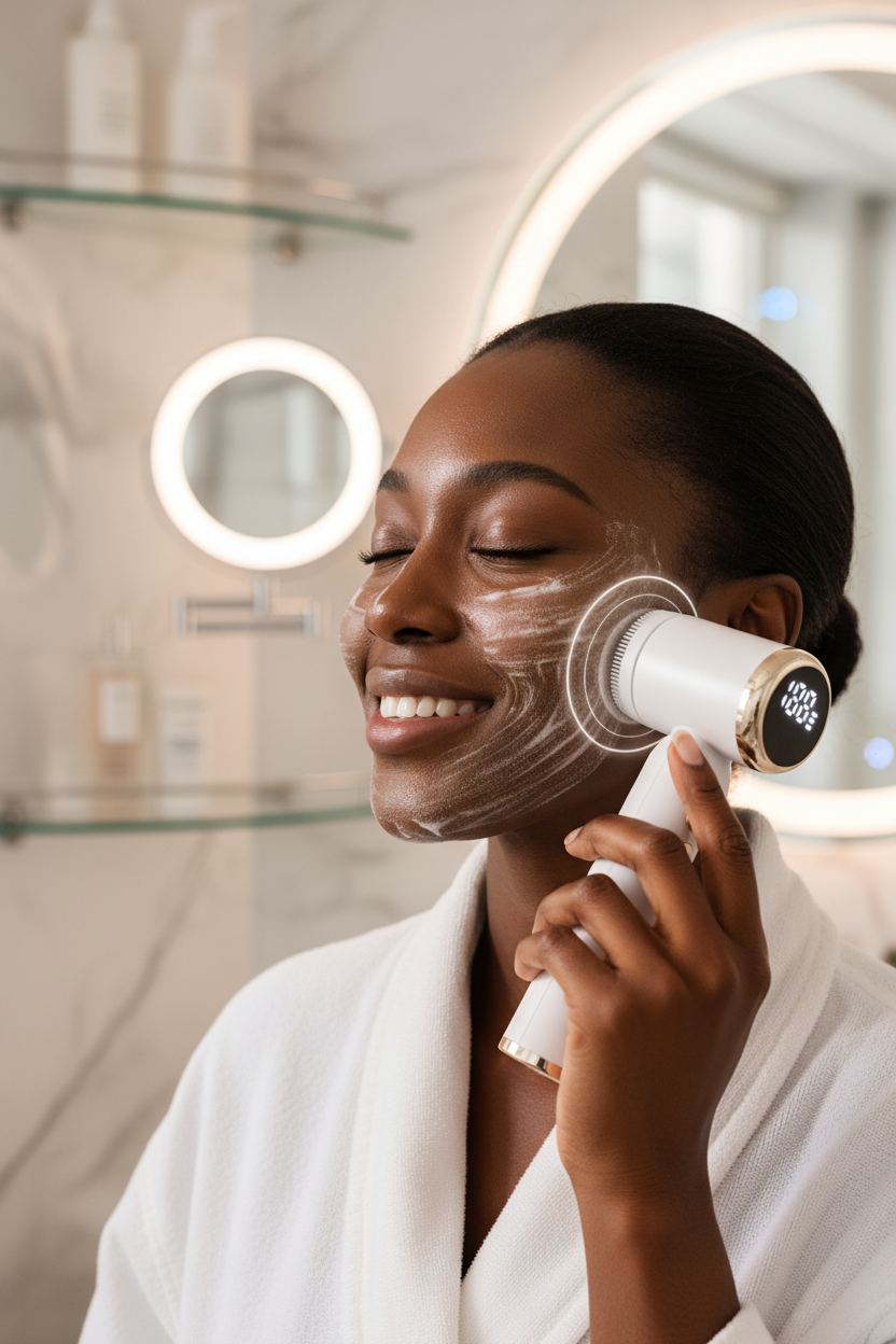 Black woman using ultrasonic electric facial cleansing brush on cheek