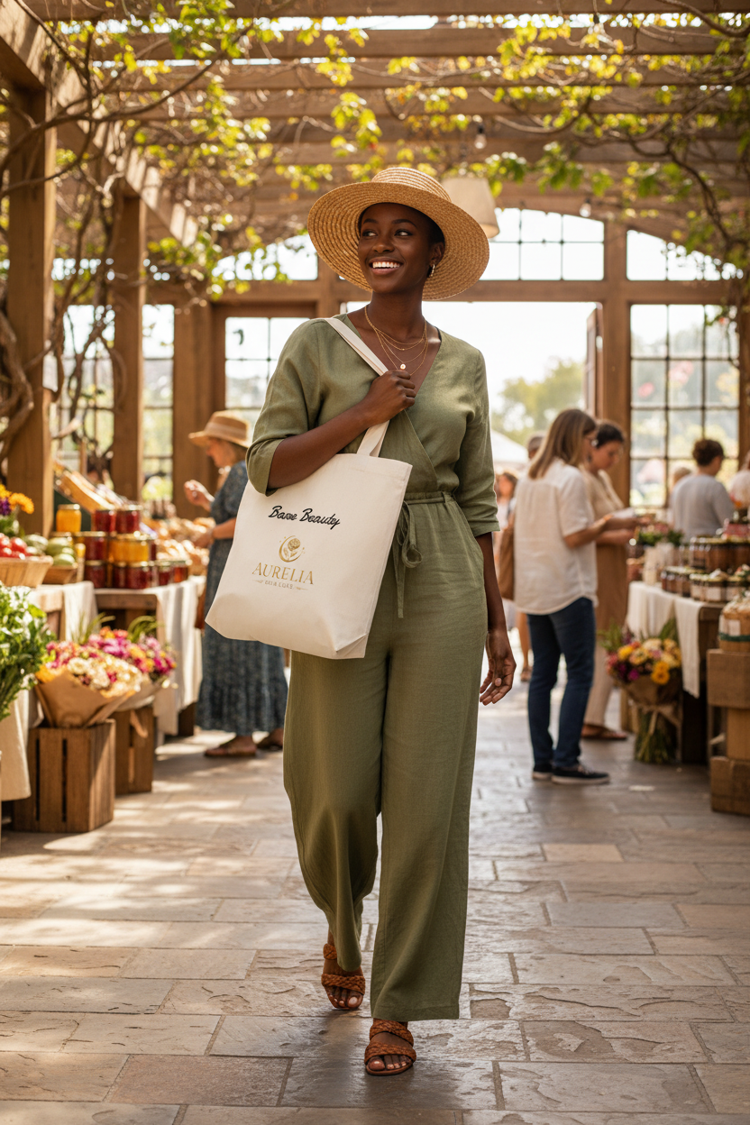 Black woman carrying Aurelia Skin Luxe Bare Beauty cream cotton tote at farmers market