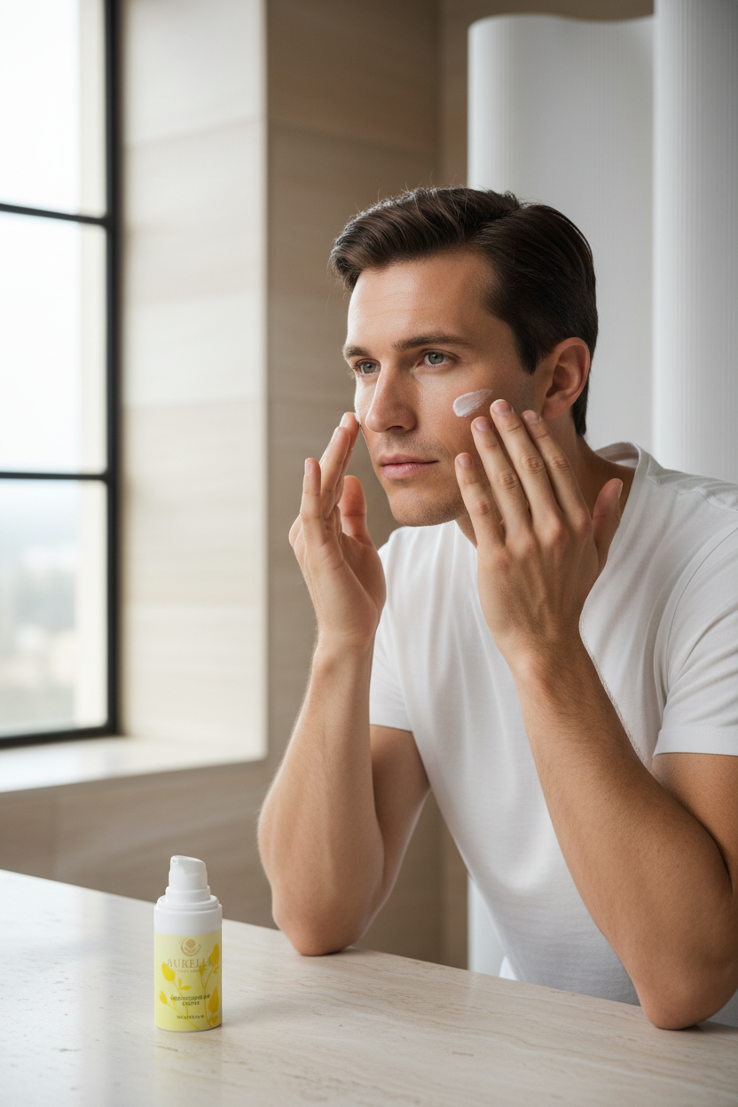 Male model applying Aurelia Skin Luxe Moisturising Day Cream