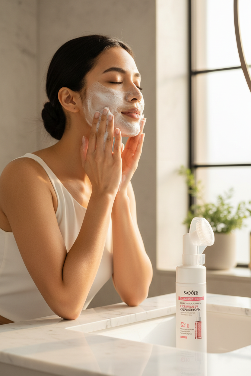 South Asian woman massaging SADOER Coenzyme Q10 Facial Cleanser foam onto face