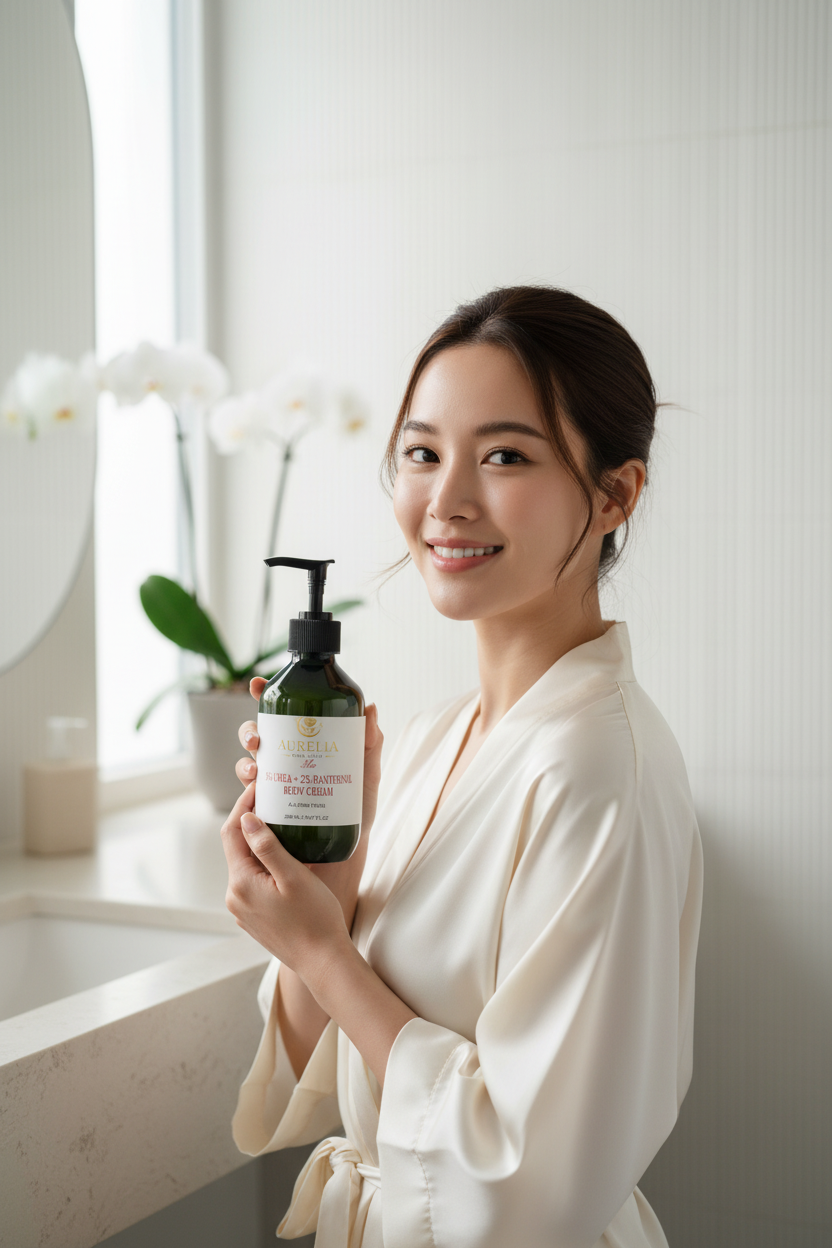 East Asian woman holding Aurelia Skin Luxe Body Cream bottle