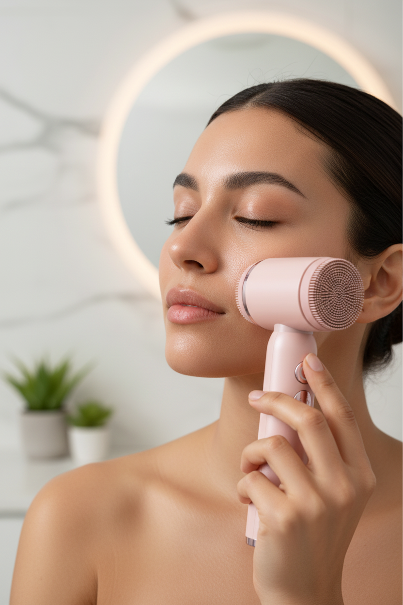 Latina woman using pink facial cleansing brush on nose and cheeks