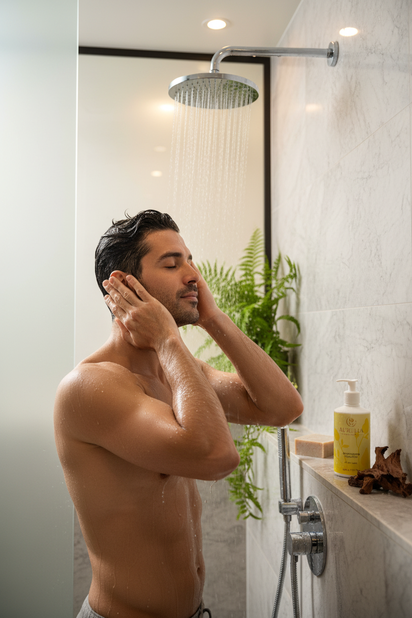 Middle Eastern man applying Aurelia Skin Luxe Moisturising Shampoo