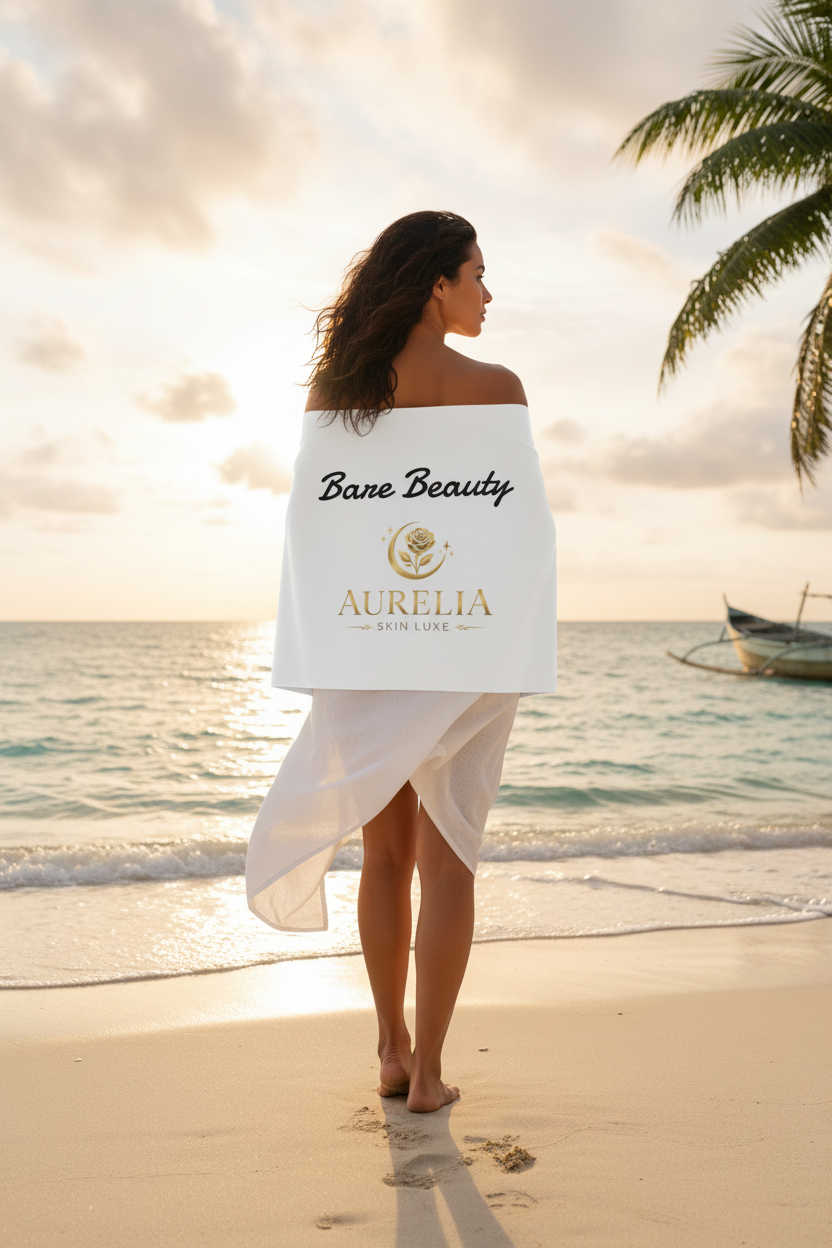 Latina woman at water's edge wrapped in Aurelia Skin Luxe Bare Beauty beach towel at golden hour