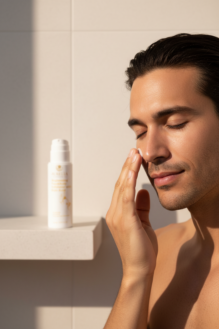 Latino man applying Aurelia Skin Luxe Brightening Exfoliator