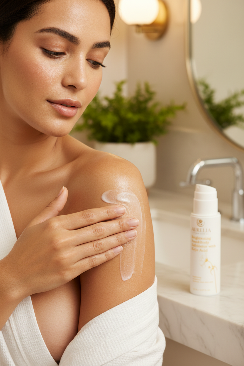 Middle Eastern woman applying Aurelia Skin Luxe Brightening Exfoliator to arm