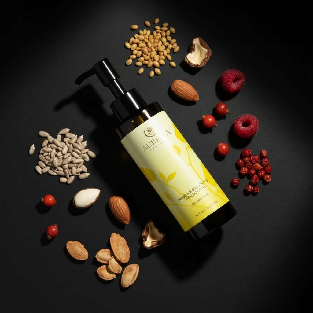 Omega Body Oil – Dark Flat Lay