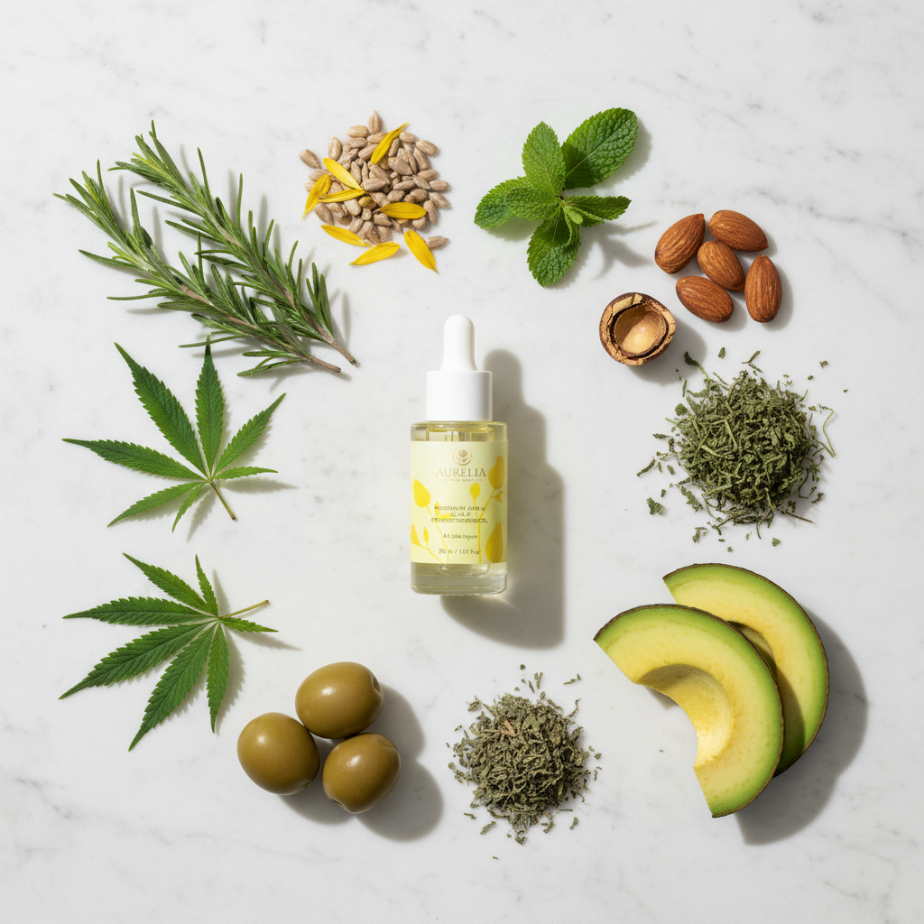 Rosemary Oil – Marble Flat Lay