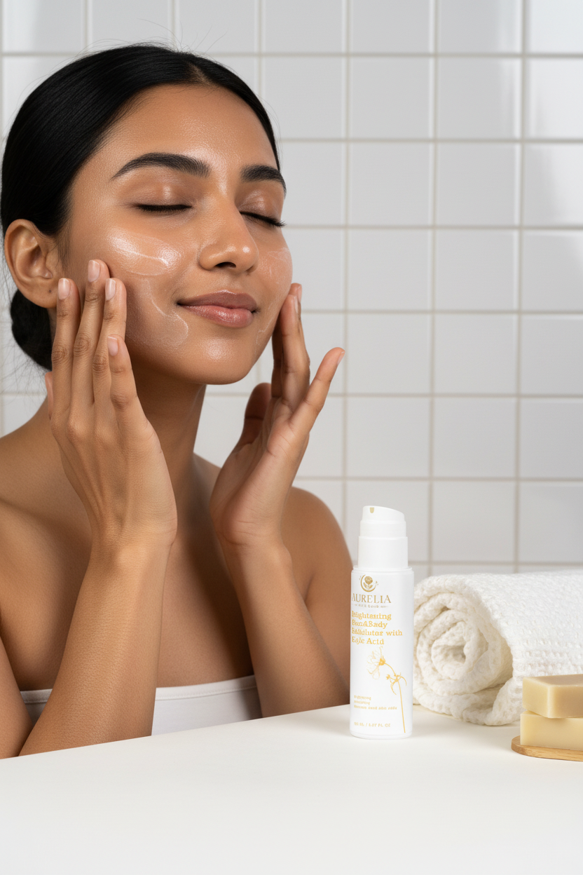 South Asian woman massaging Aurelia Skin Luxe Brightening Exfoliator